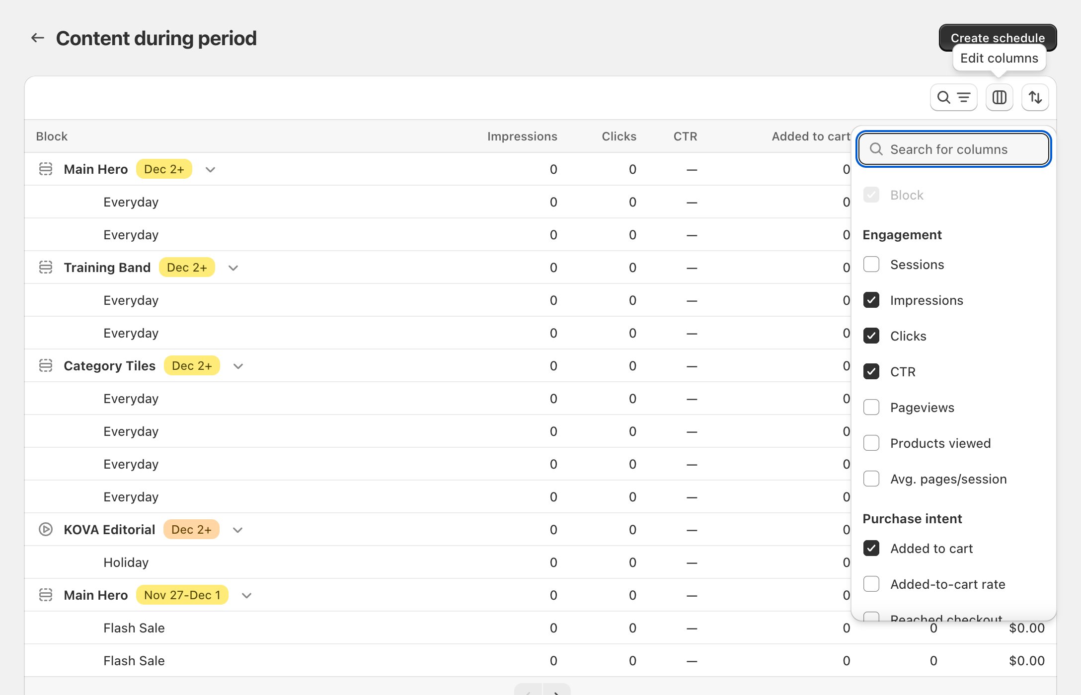 Content during period: the column picker open with Search for columns and the Engagement, Purchase intent and Revenue groups