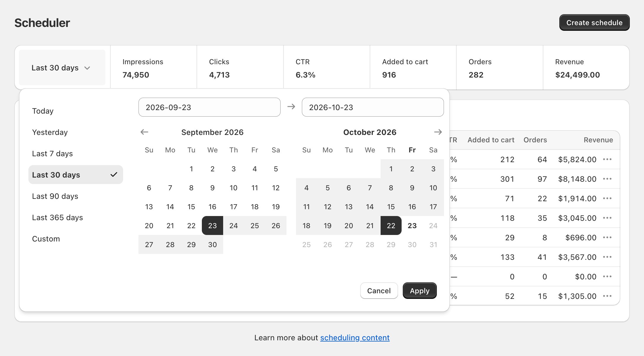 Scheduler: the date picker open with the list of ranges on the left and the two-month calendar