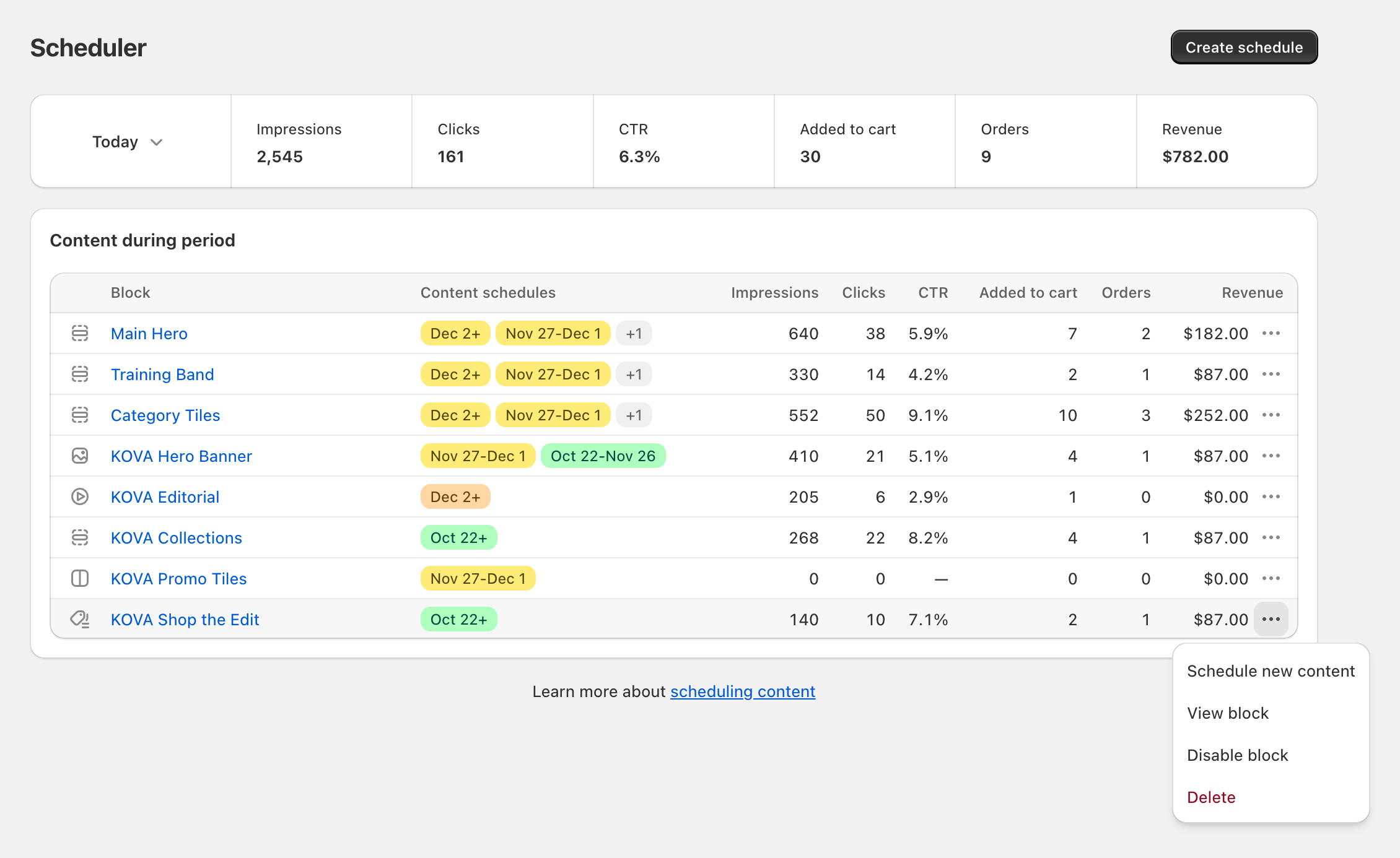 Scheduler home: a block row's menu open with Schedule new content, View block, Disable block and Delete
