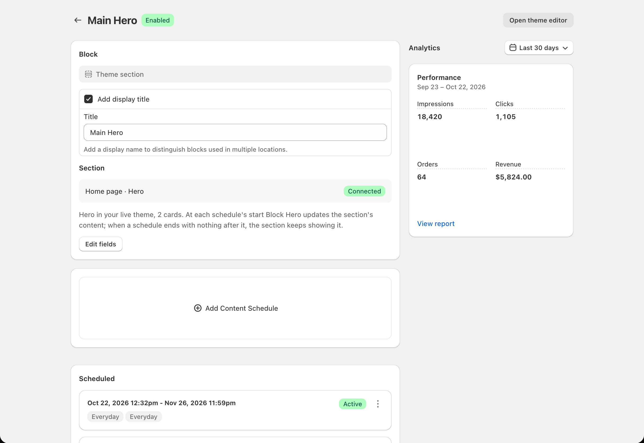 Scheduler > block page for a connected theme section: the Block card with 'Theme section', the Section panel with page, section name and Connected badge,...