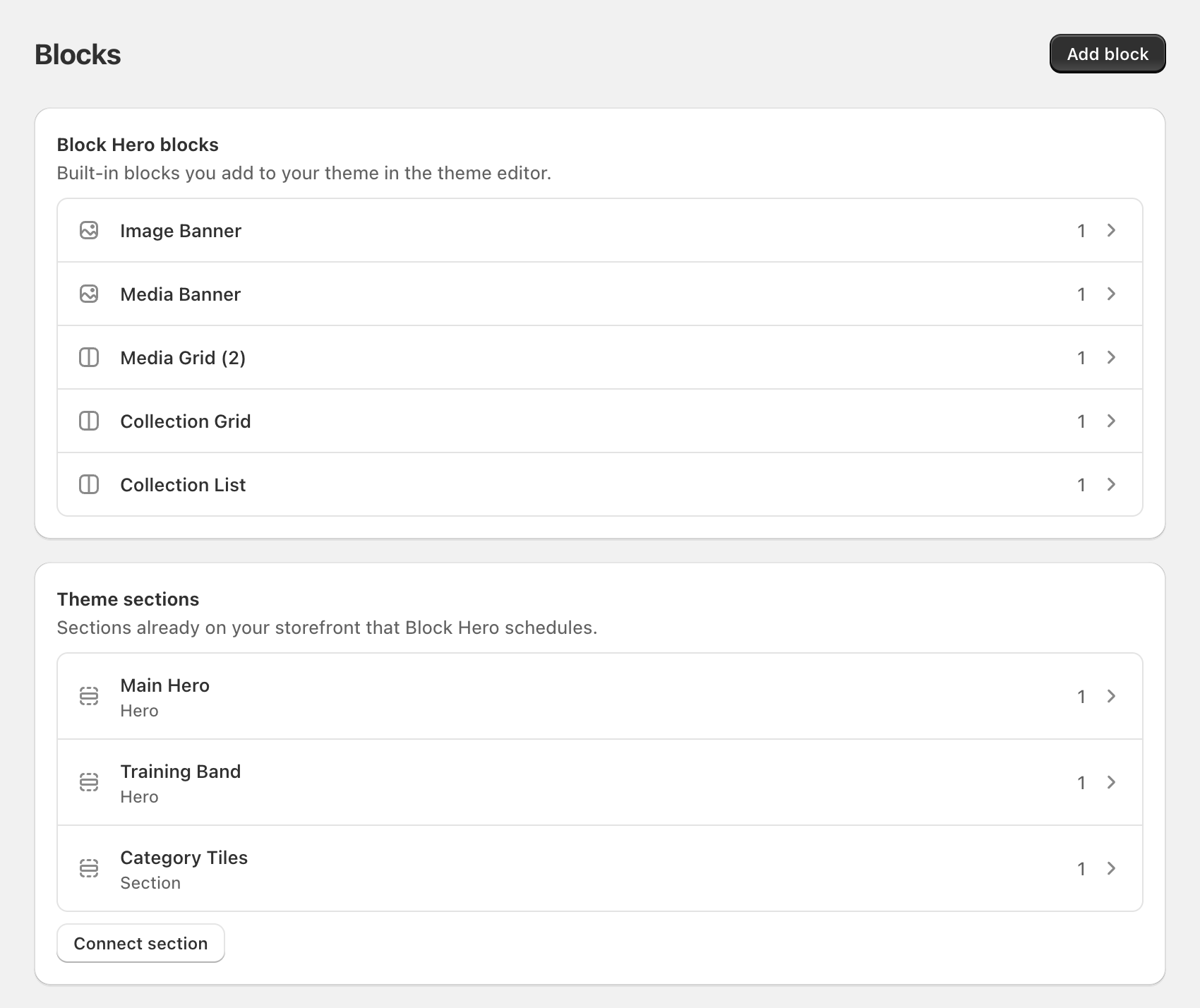 Blocks page: the Theme sections card with two connected sections, one with a Needs you badge