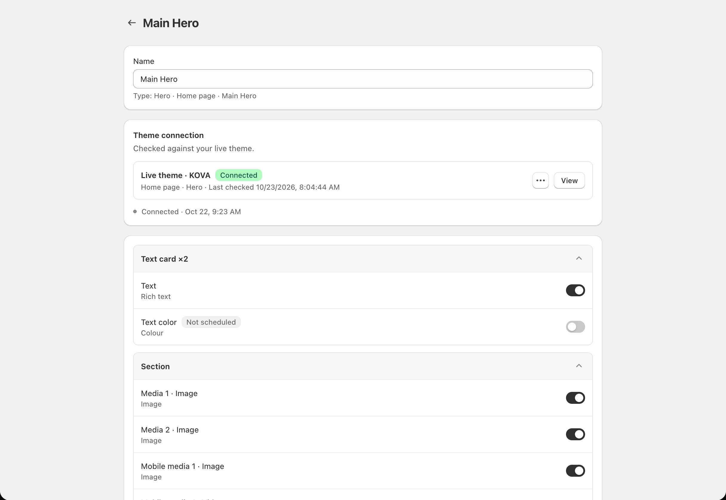 theme section page > Theme connection card: Live theme with the Connected badge, the Last checked time, and the View button