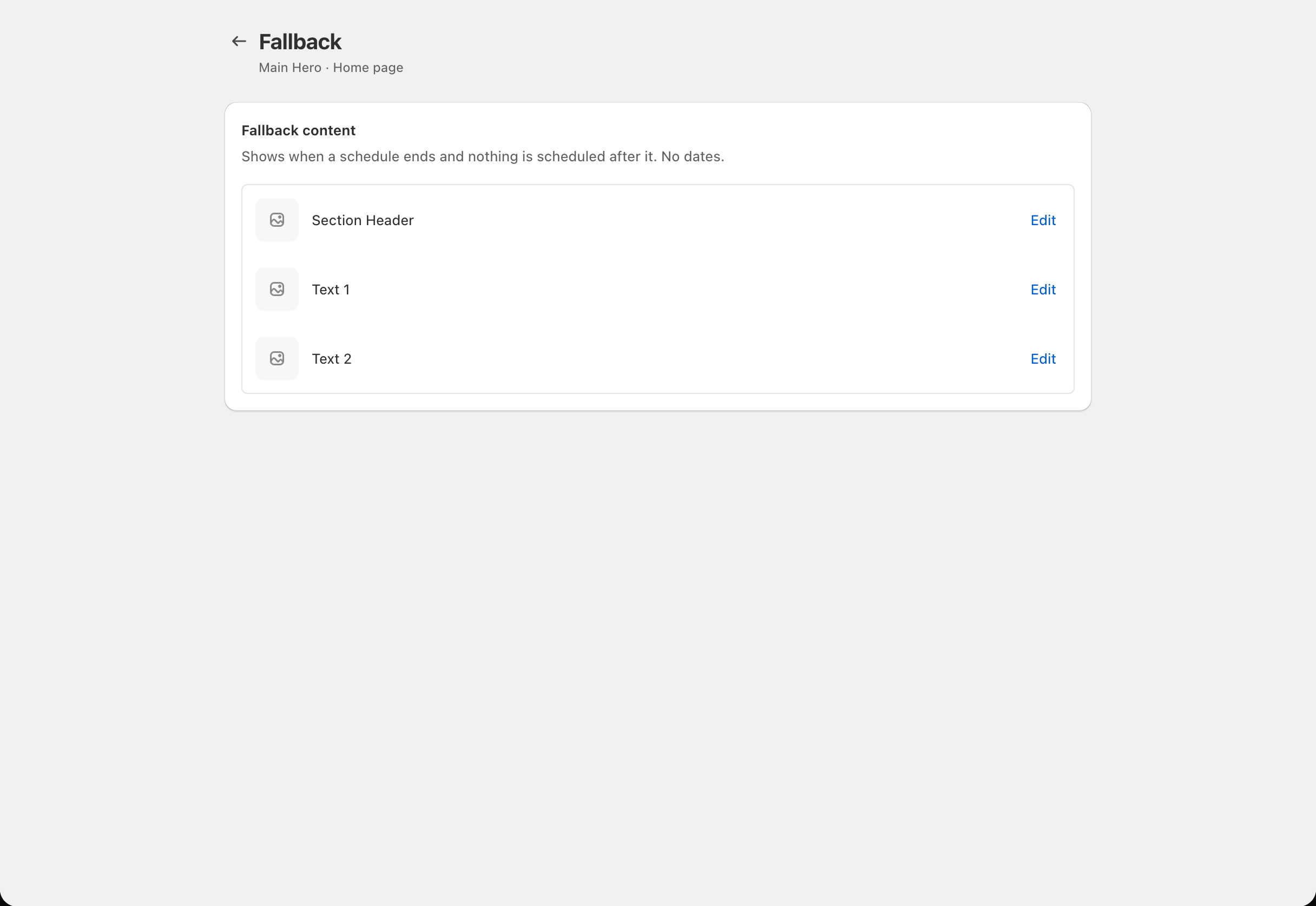 Fallback page: the Fallback content card with the Section Header row and one row per card, each with its thumbnail and Edit