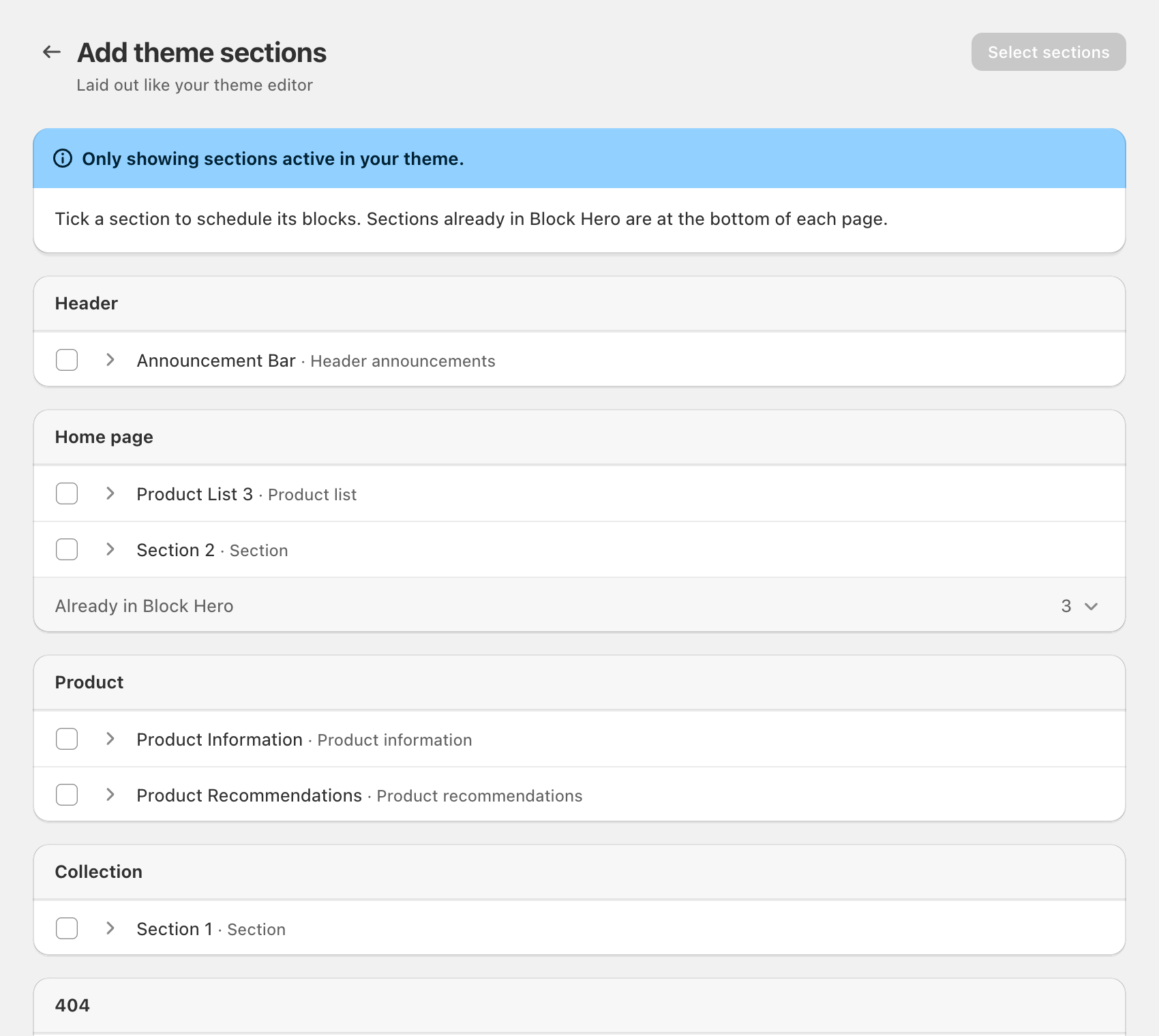 Add theme sections: the 'Only showing sections active in your theme.' banner, a Home page card with two sections ticked and one expanded to show its blocks...