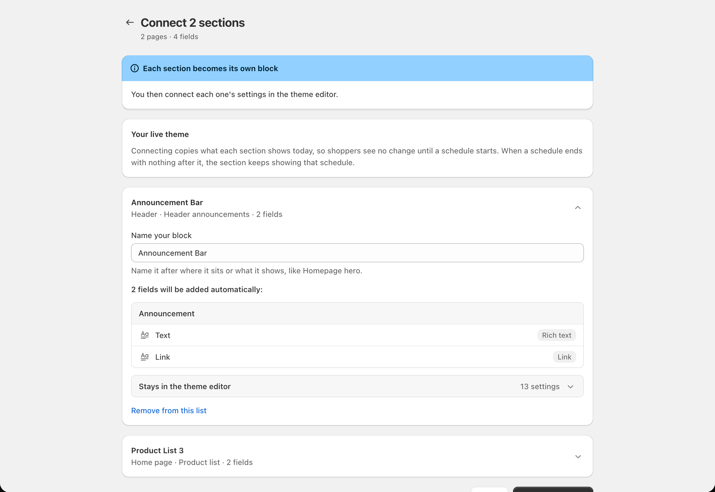 Connect 2 sections (review): the Your live theme card, one section card open with Name your block, the fields grouped by card, and Stays in the theme editor