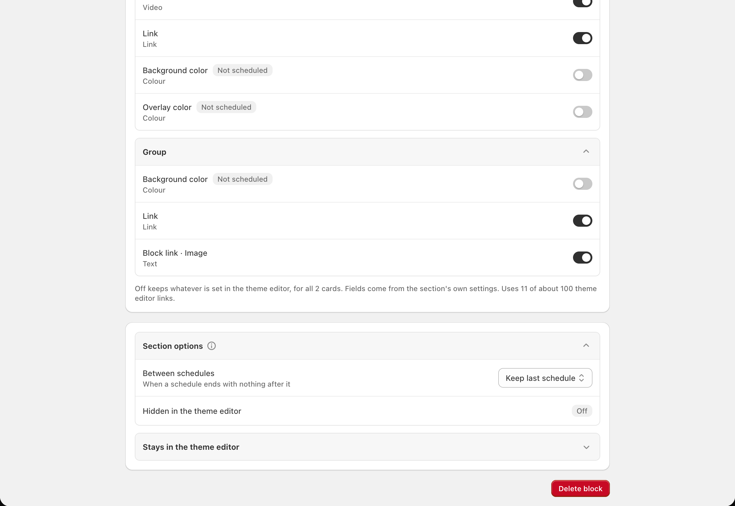 theme section page > Section options: Between schedules set to Show a fallback, the Fallback row with card titles and thumbnails, the Edit button and the...