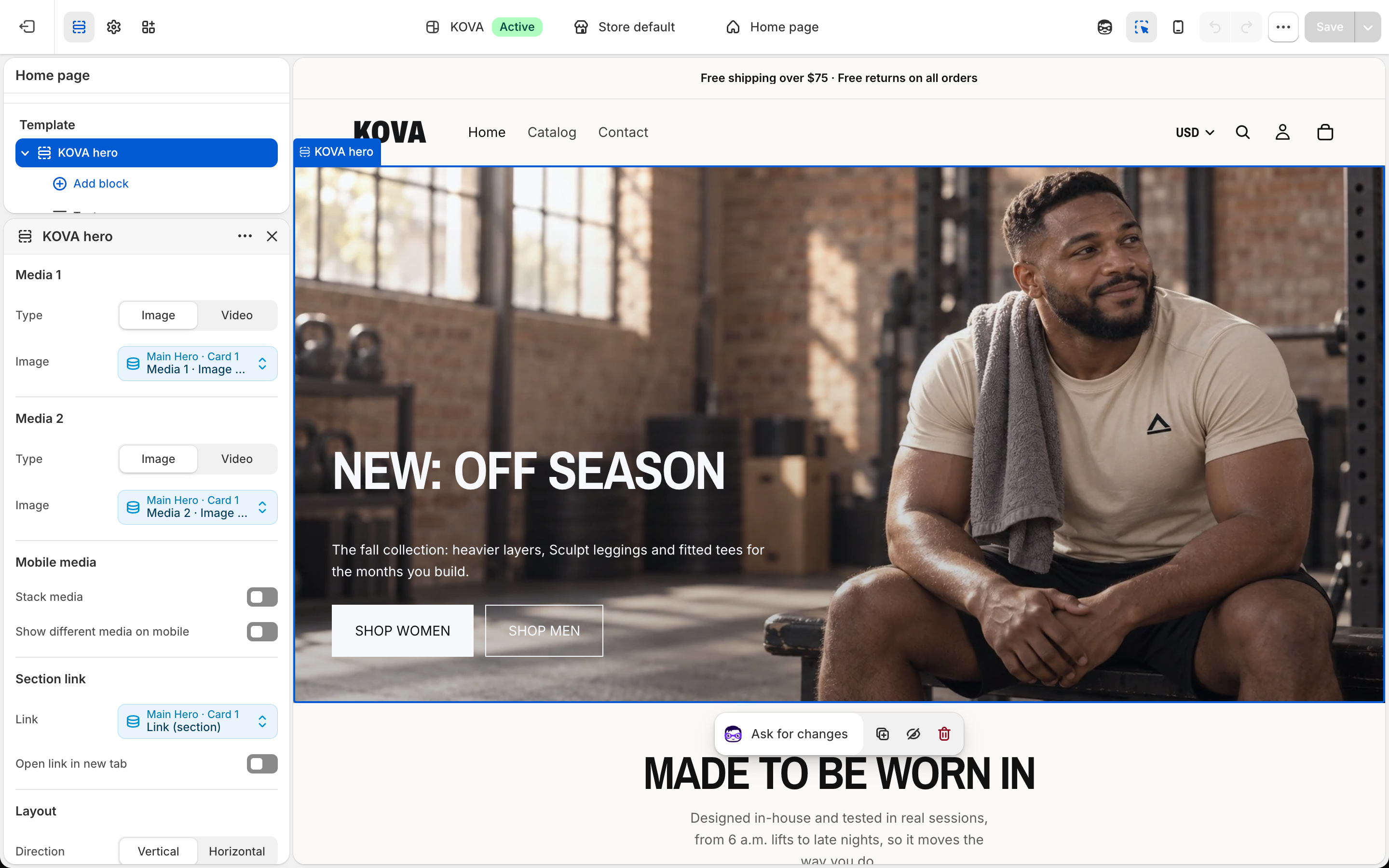 Shopify theme editor > section > Card 1 settings: the Connect dynamic source button next to an image setting