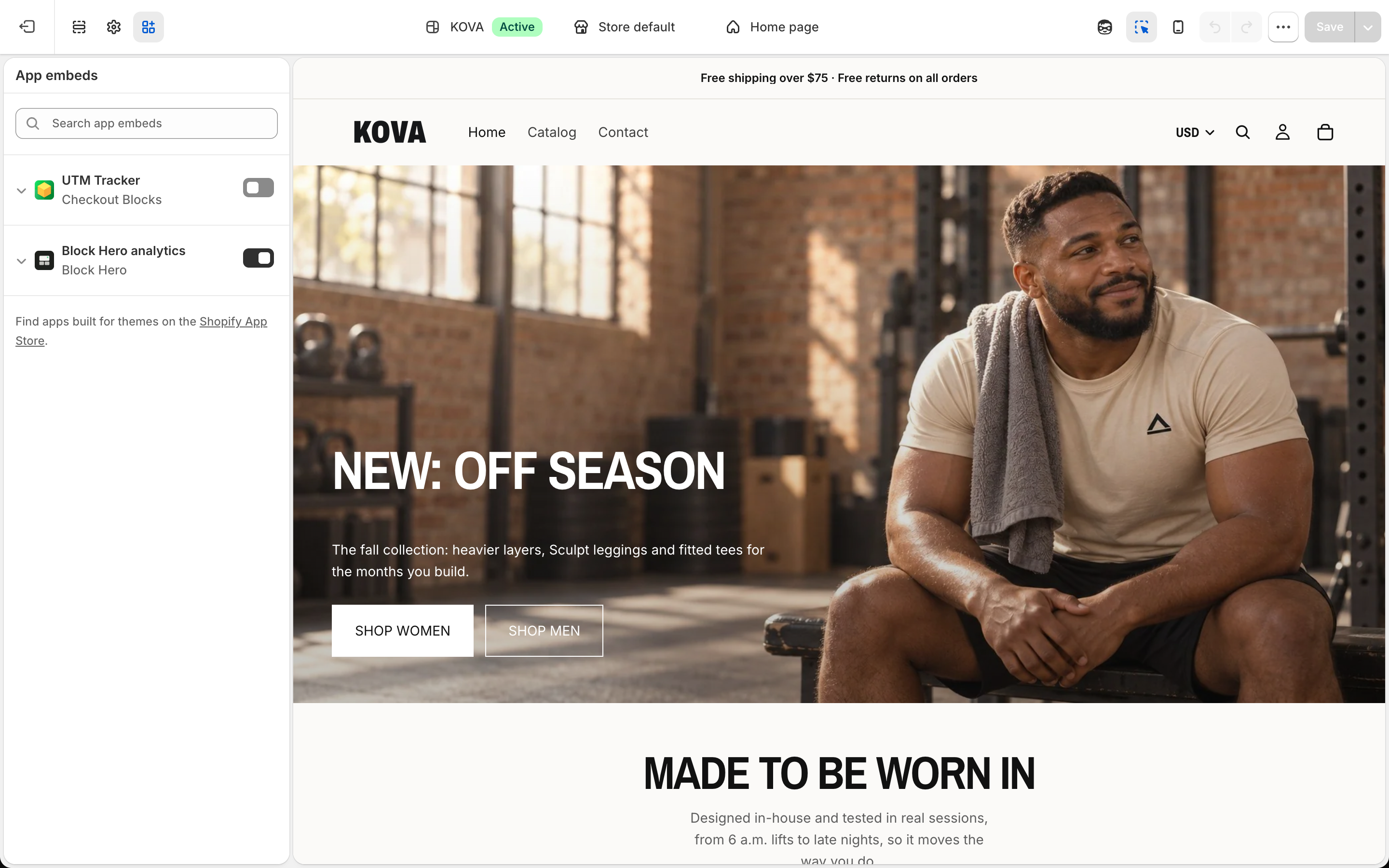 Shopify theme editor, App embeds panel: the Block Hero analytics embed with its switch turned on