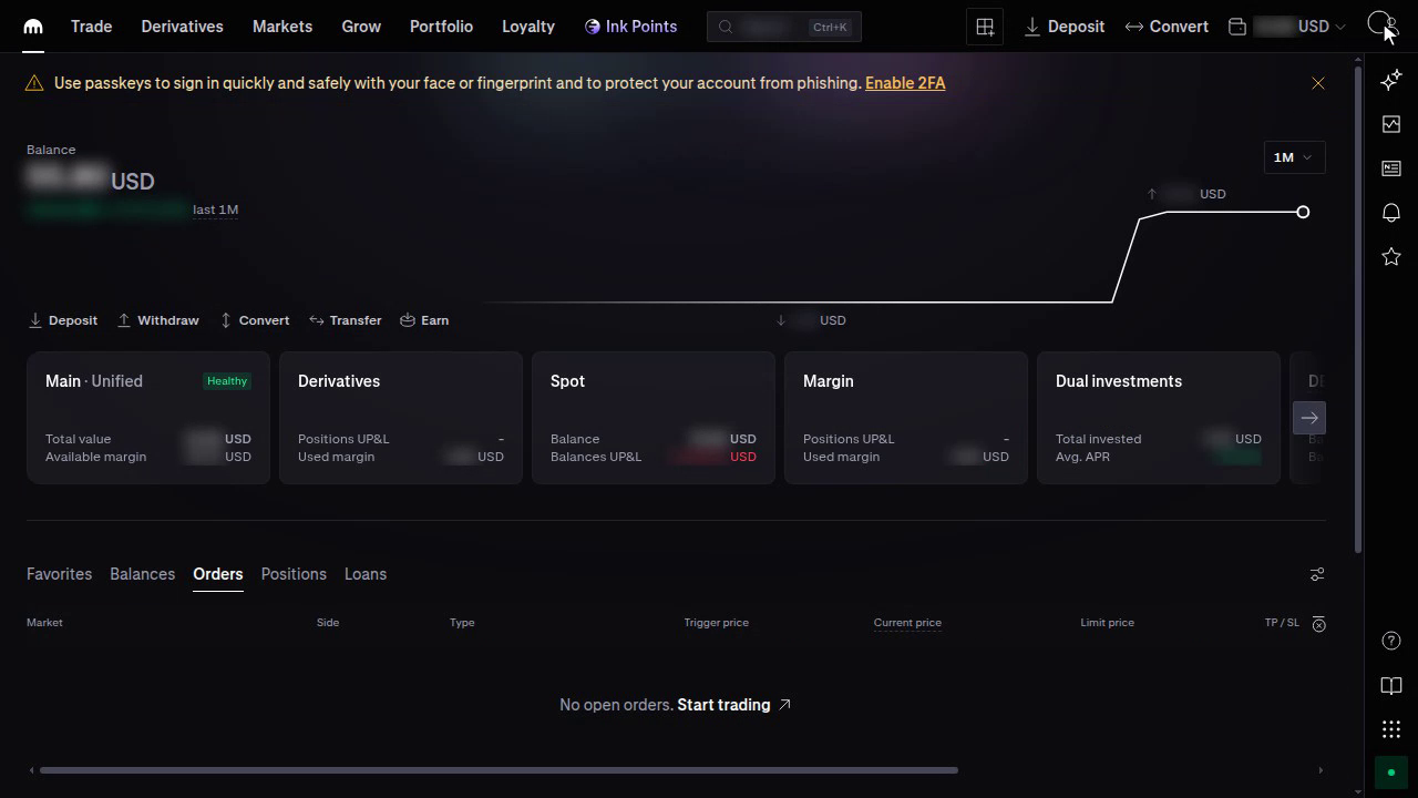 The Kraken Pro portfolio overview, with the Main · Unified card and a Derivatives card