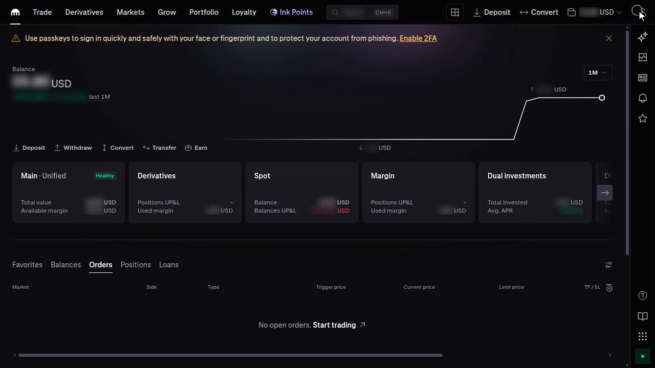 The Kraken Pro portfolio overview, with the Main · Unified card and a Derivatives card