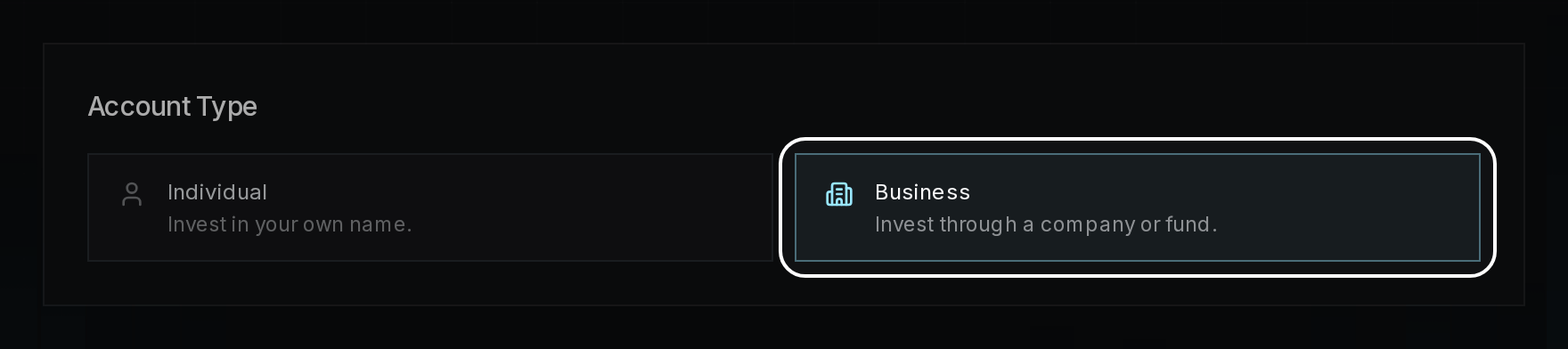 Account Type with Business selected