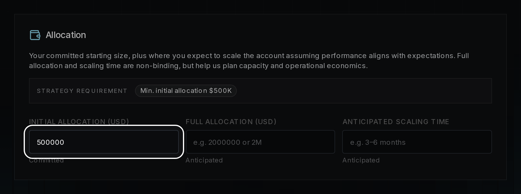 Allocation card with the initial allocation filled in