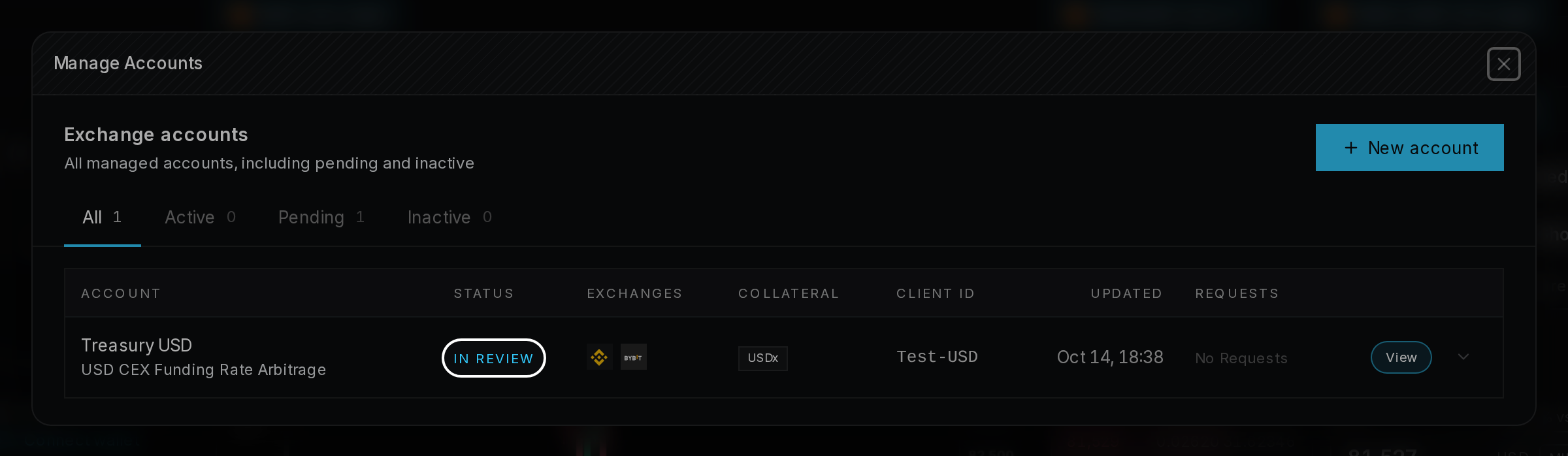 Manage Accounts with the new account In Review