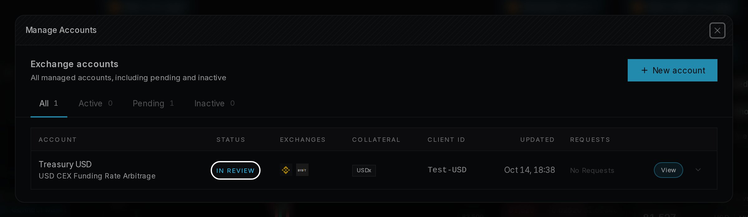 Manage Accounts with the new account In Review