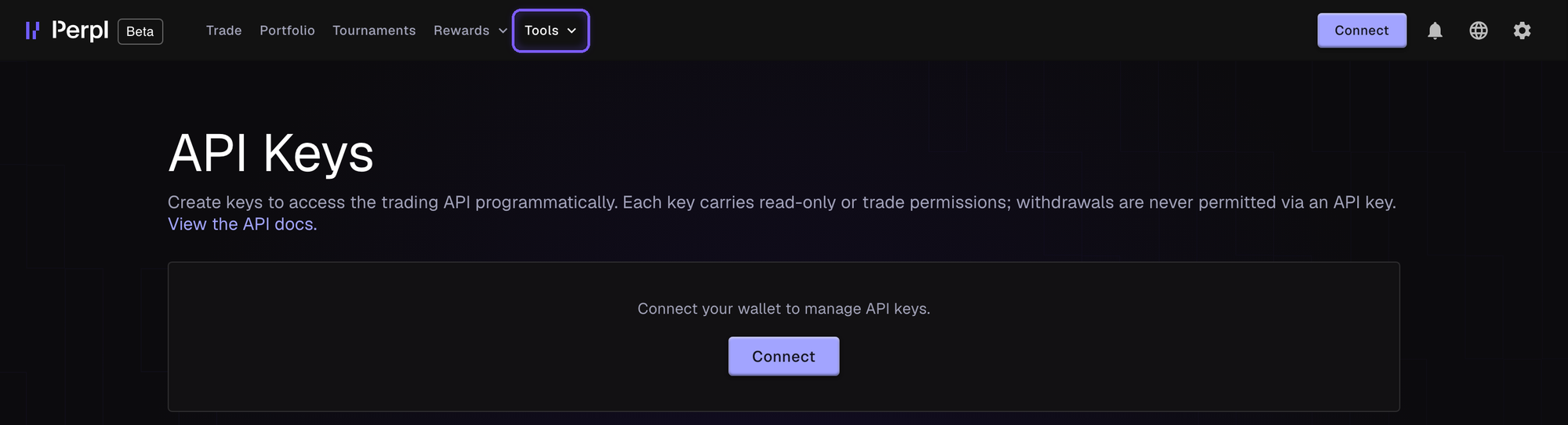 Perpl's API Keys page, reached from the Tools menu