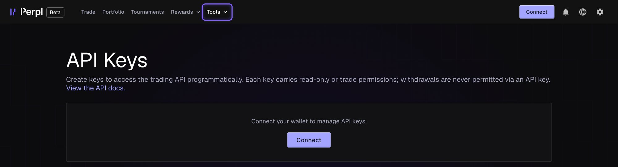 Perpl's API Keys page, reached from the Tools menu