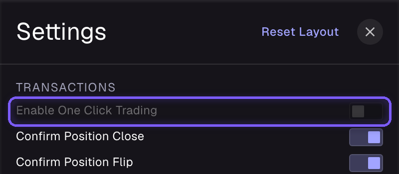 Perpl settings with Enable One Click Trading highlighted