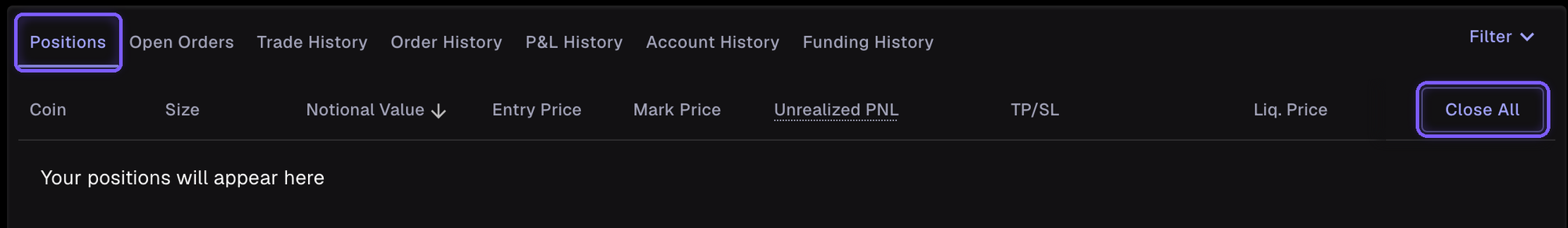 Perpl's Positions tab with the Close All button highlighted