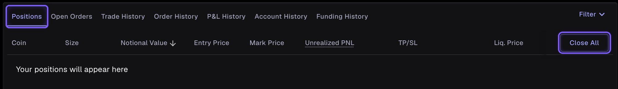 Perpl's Positions tab with the Close All button highlighted