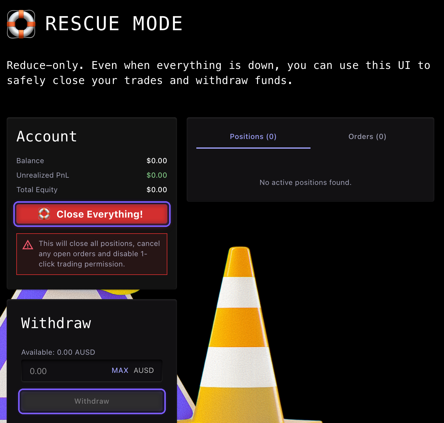 Perpl Rescue Mode with Close Everything! and Withdraw highlighted