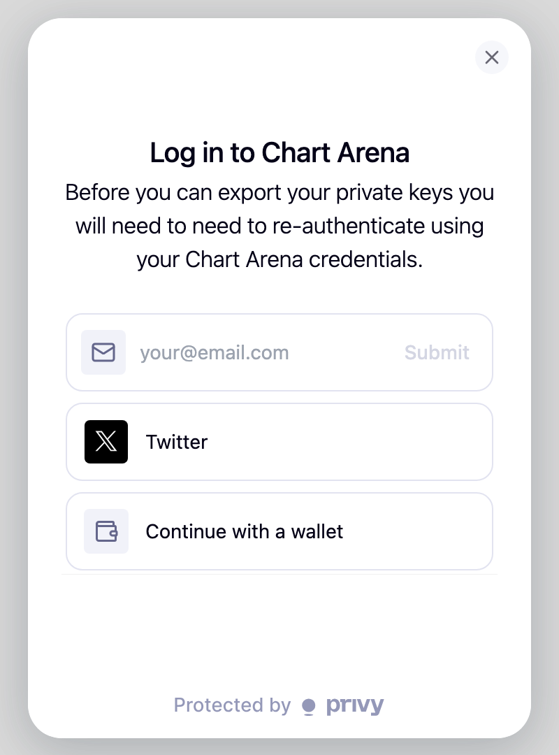 Chart Arena's Privy recovery page asking you to log in before exporting keys