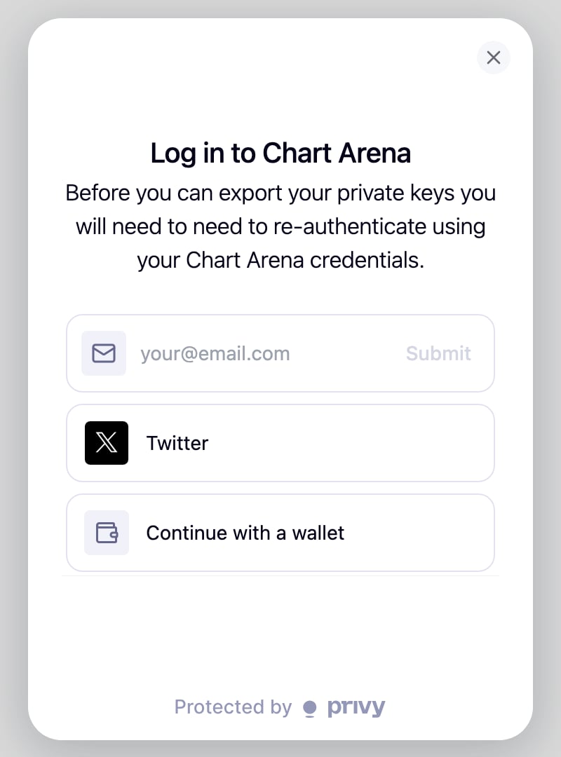 Chart Arena's Privy recovery page asking you to log in before exporting keys