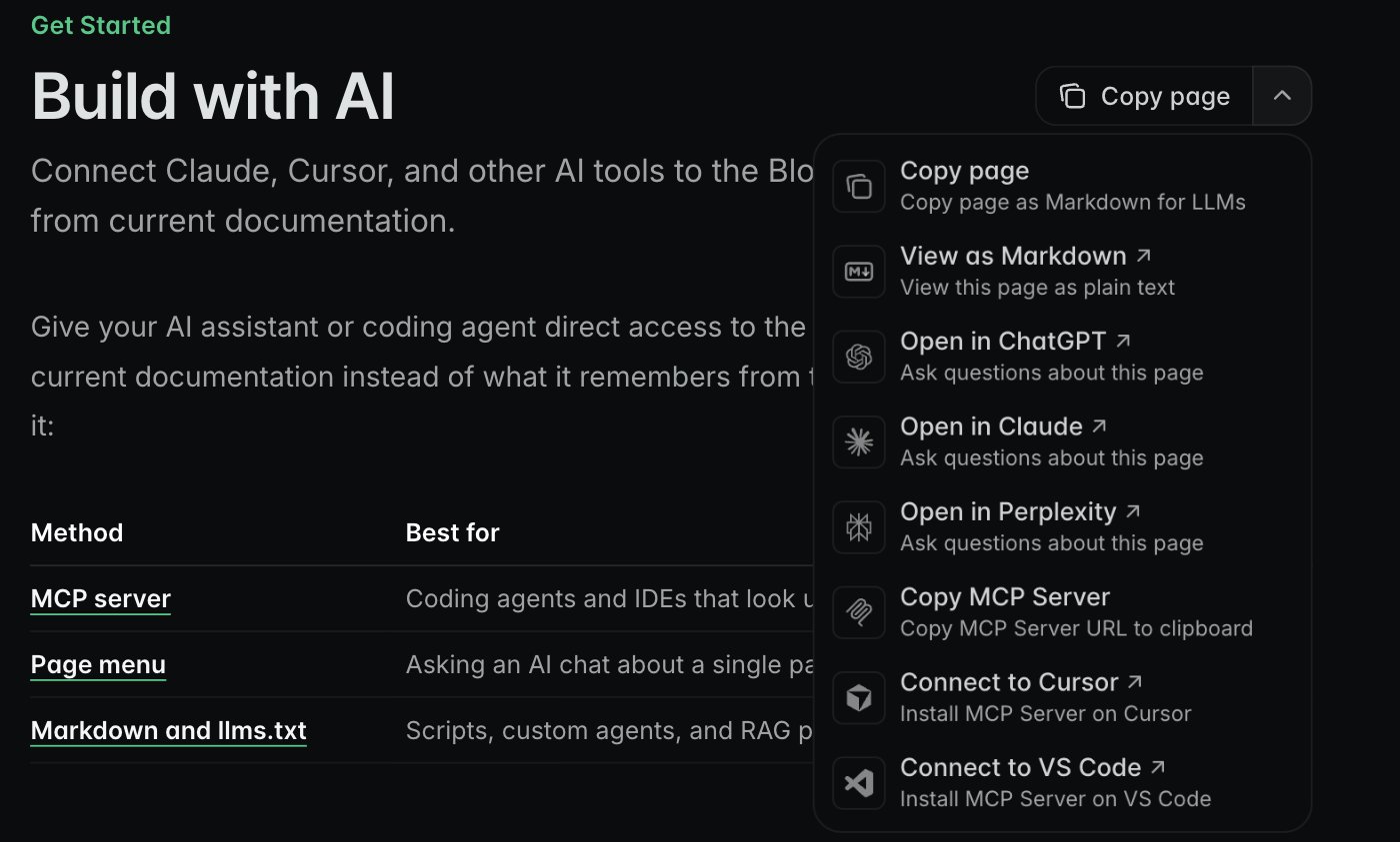 The page menu on a Blockradar docs page, open and showing Copy page, View as Markdown, Open in ChatGPT, Open in Claude, Open in Perplexity, Copy MCP Server, Connect to Cursor, and Connect to VS Code