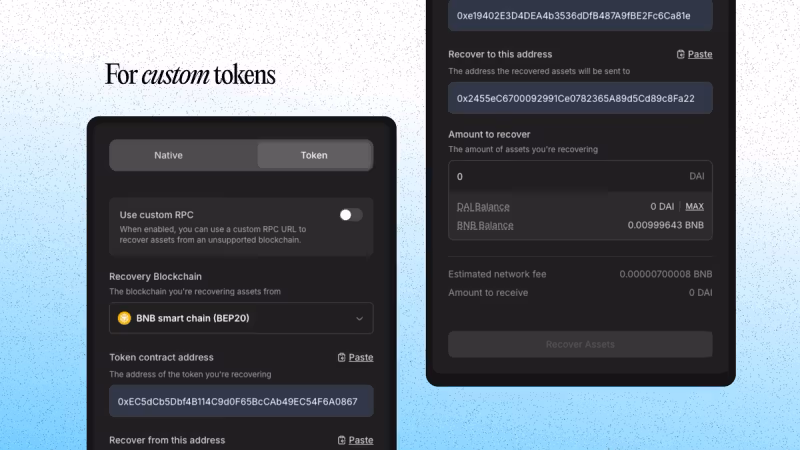 Custom token recovery form