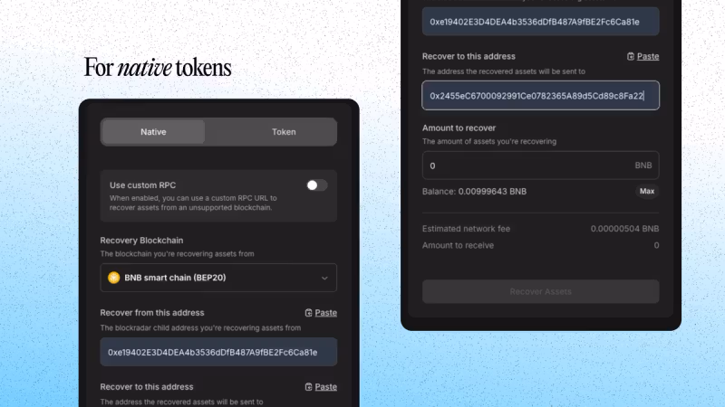 Native token recovery form