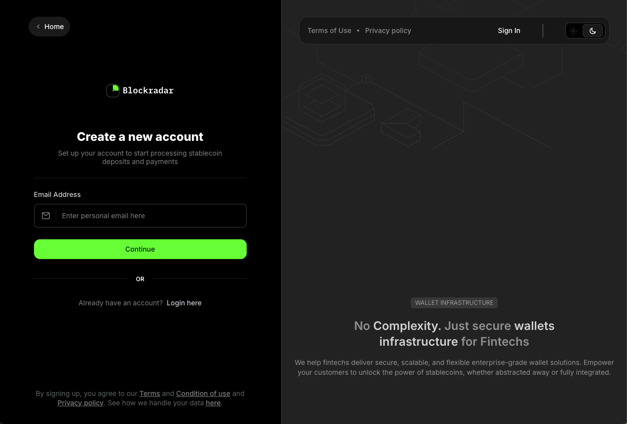 Pantalla de registro de Blockradar