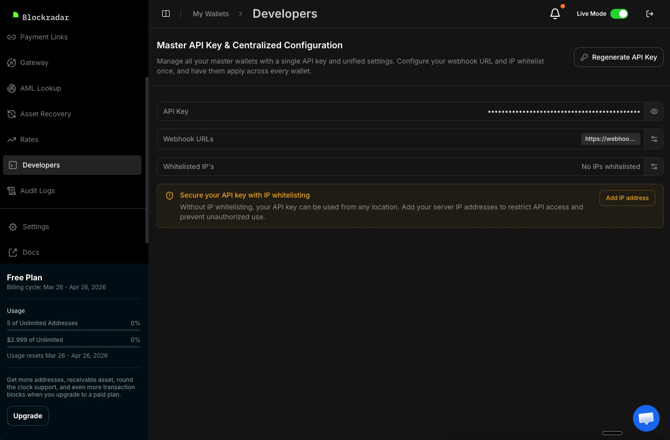 Page Developers dans la navigation du tableau de bord