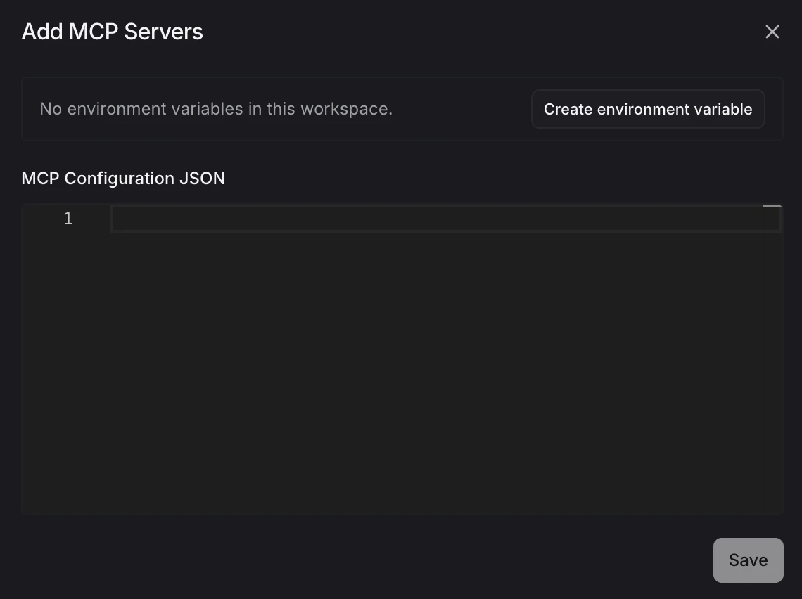 Create custom MCP server dialog with no environment variables