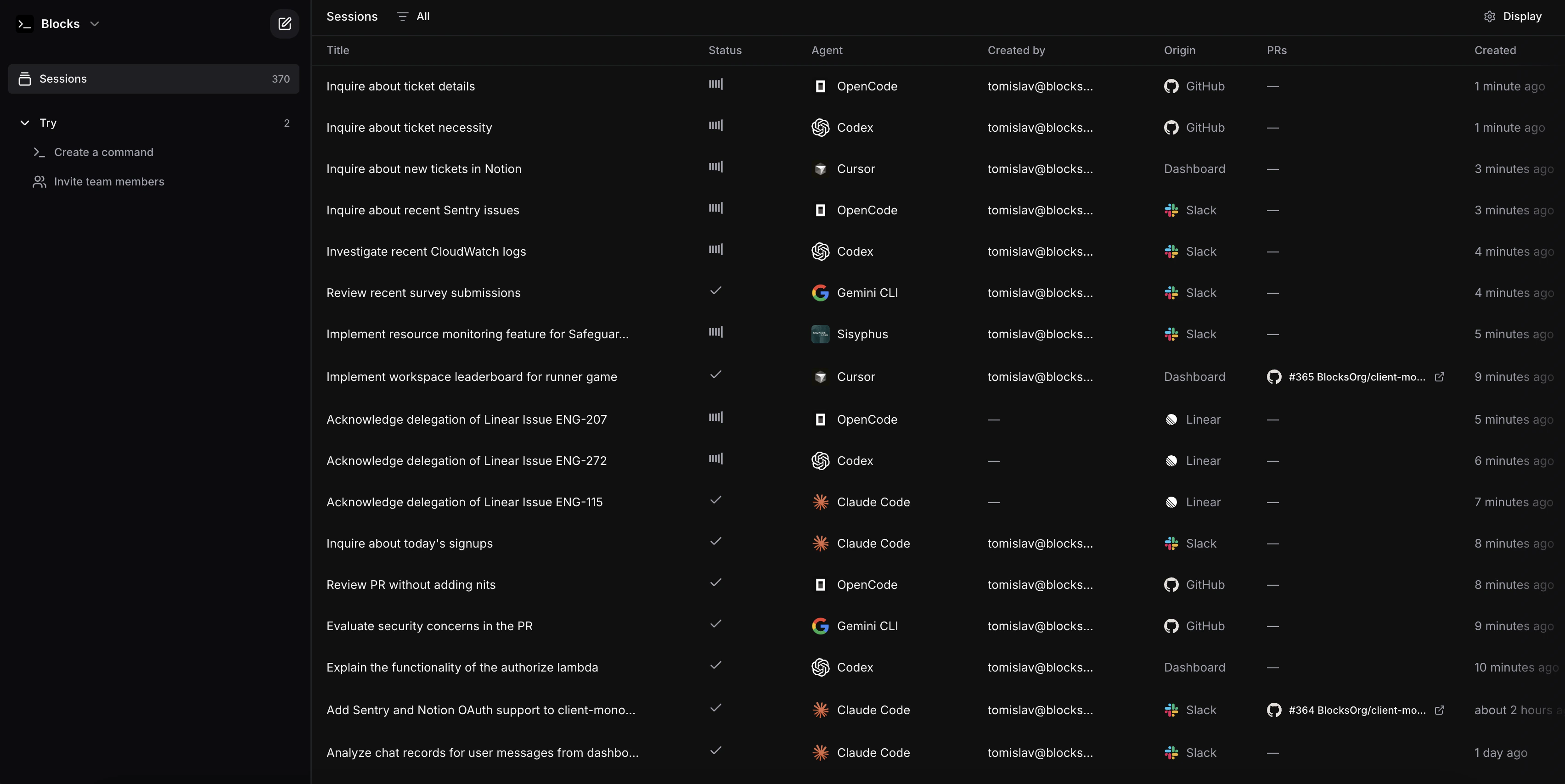 Blocks dashboard