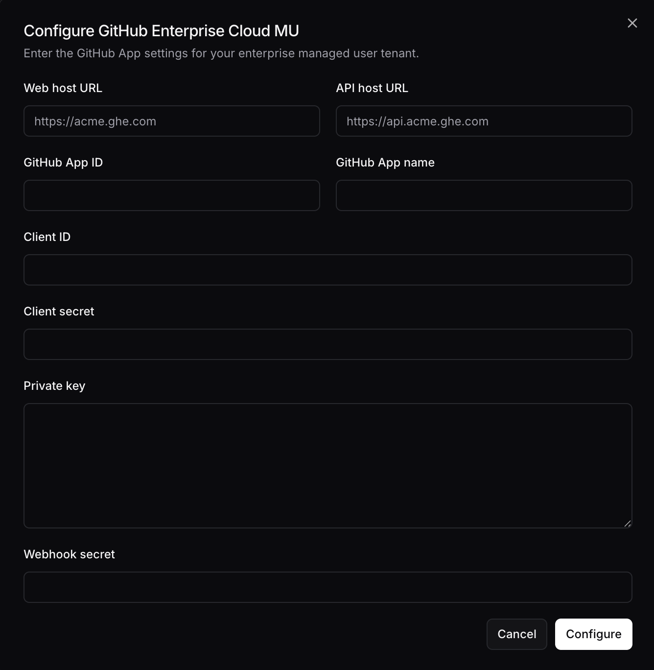 GitHub Enterprise (MU) configuration form