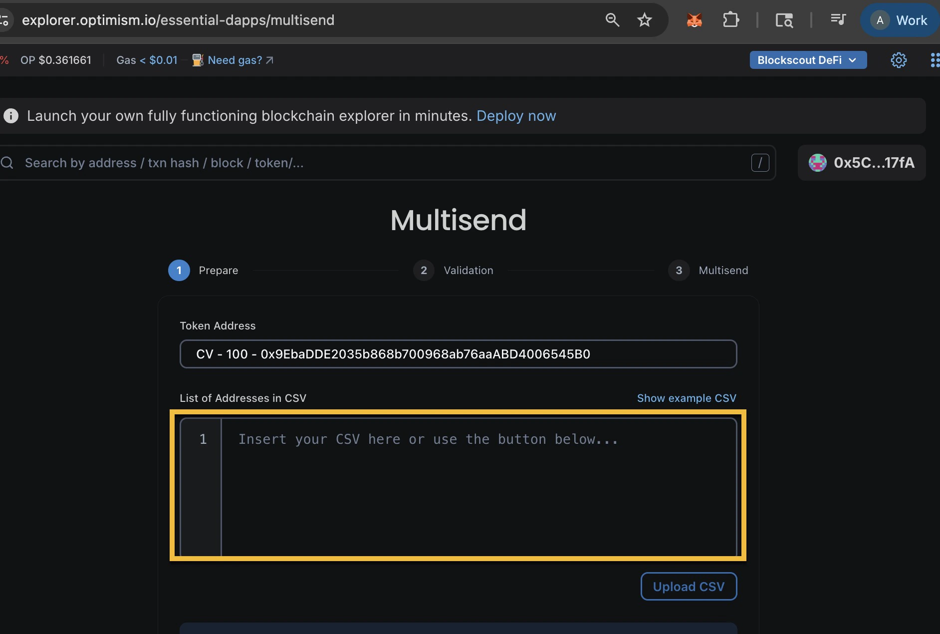 Multisend dApp CSV upload field for entering multiple recipient wallet addresses to batch send CV tokens