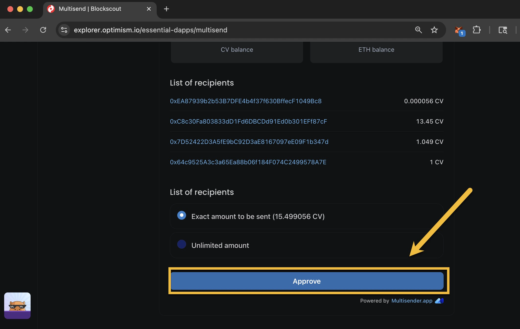 Multisend validation showing recipient list with arrow pointing to Approve button to authorize batch token transfer