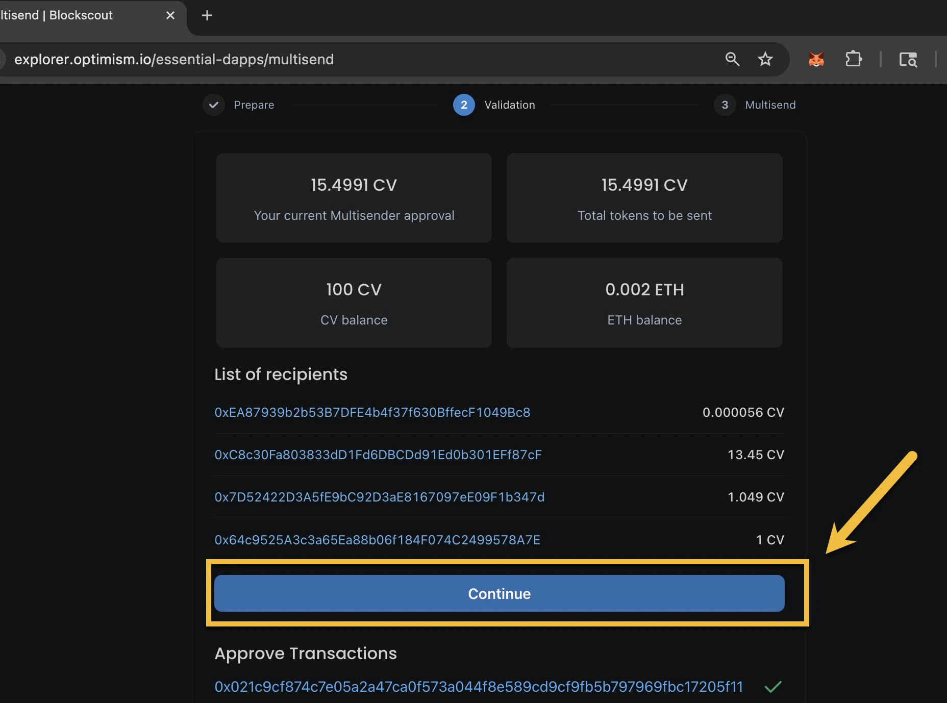 Multisend validation complete with arrow pointing to Continue button after approving 15.4991 CV token batch transfer to 4 recipients