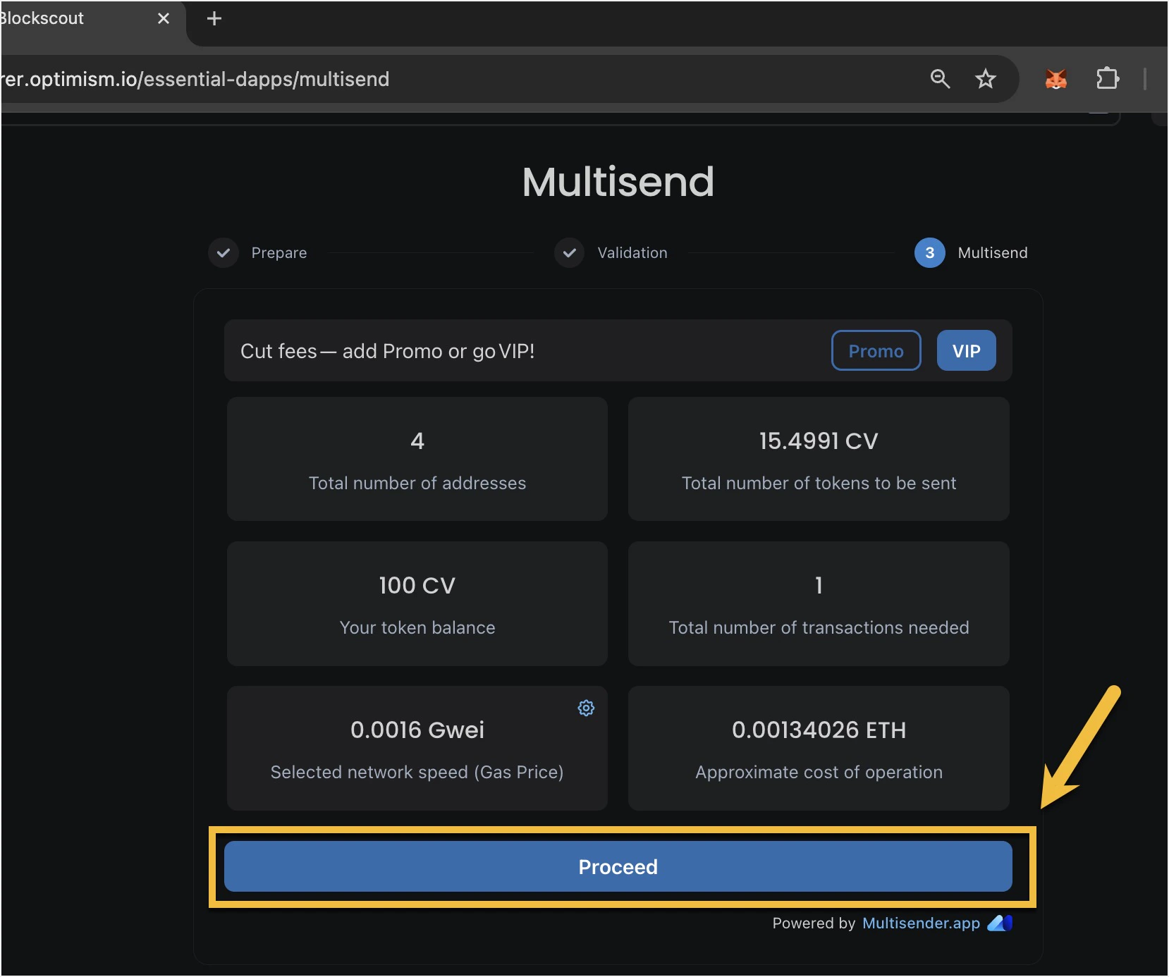 Multisend final step showing transaction summary: 15.4991 CV tokens to 4 recipients with gas cost 0.00134026 ETH and arrow pointing to Proceed button