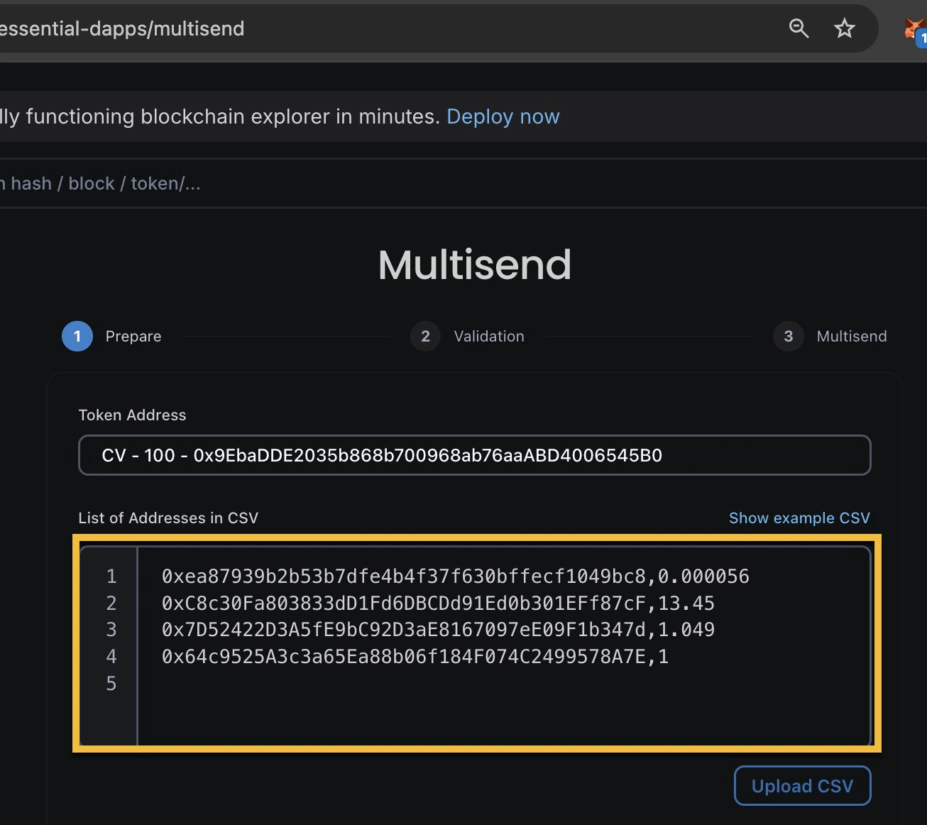 Multisend dApp with CSV recipient list populated showing wallet addresses and token amounts for batch CV token distribution