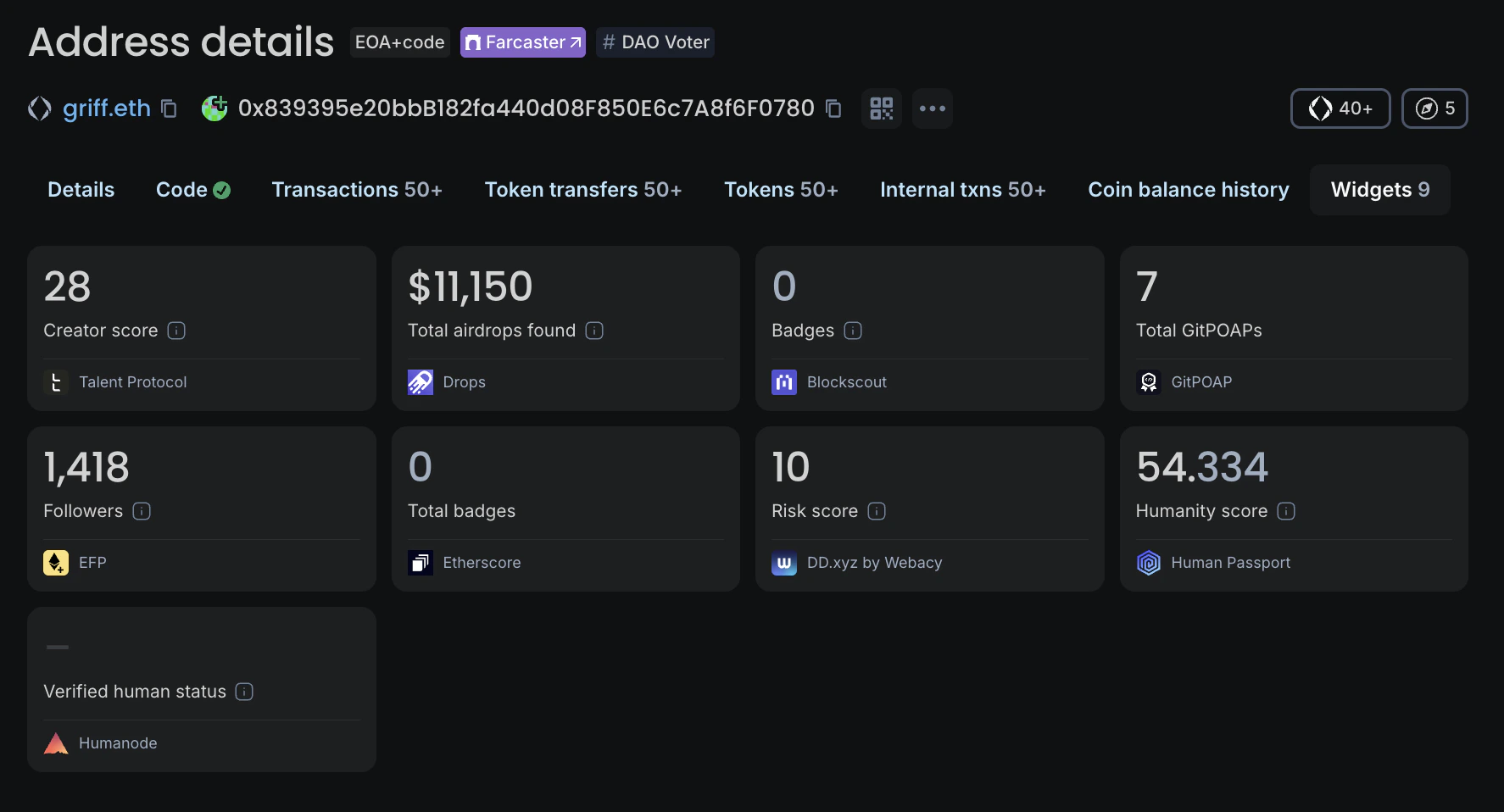 Example blockscout Address Widget