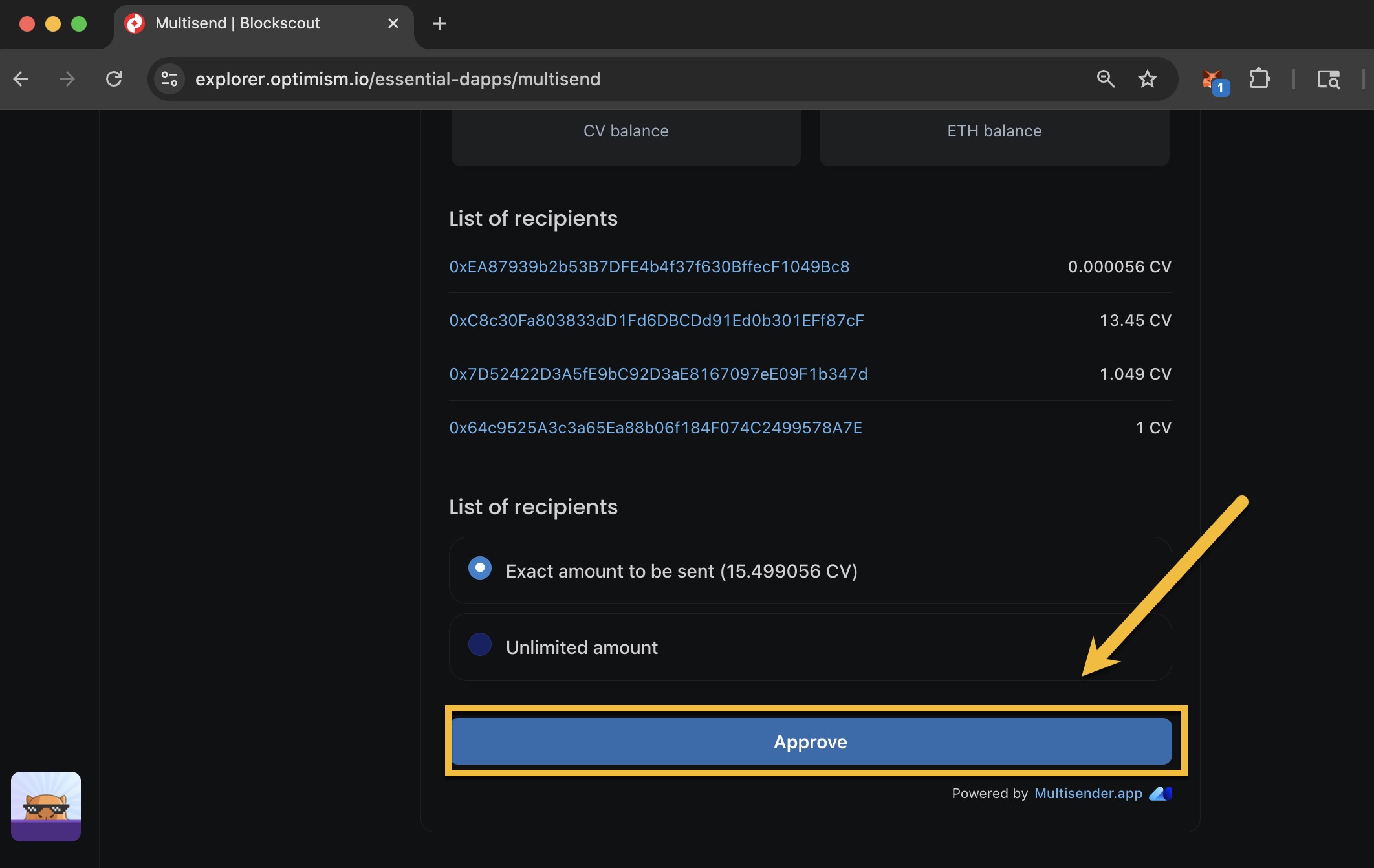 Multisend validation showing recipient list with arrow pointing to Approve button to authorize batch token transfer