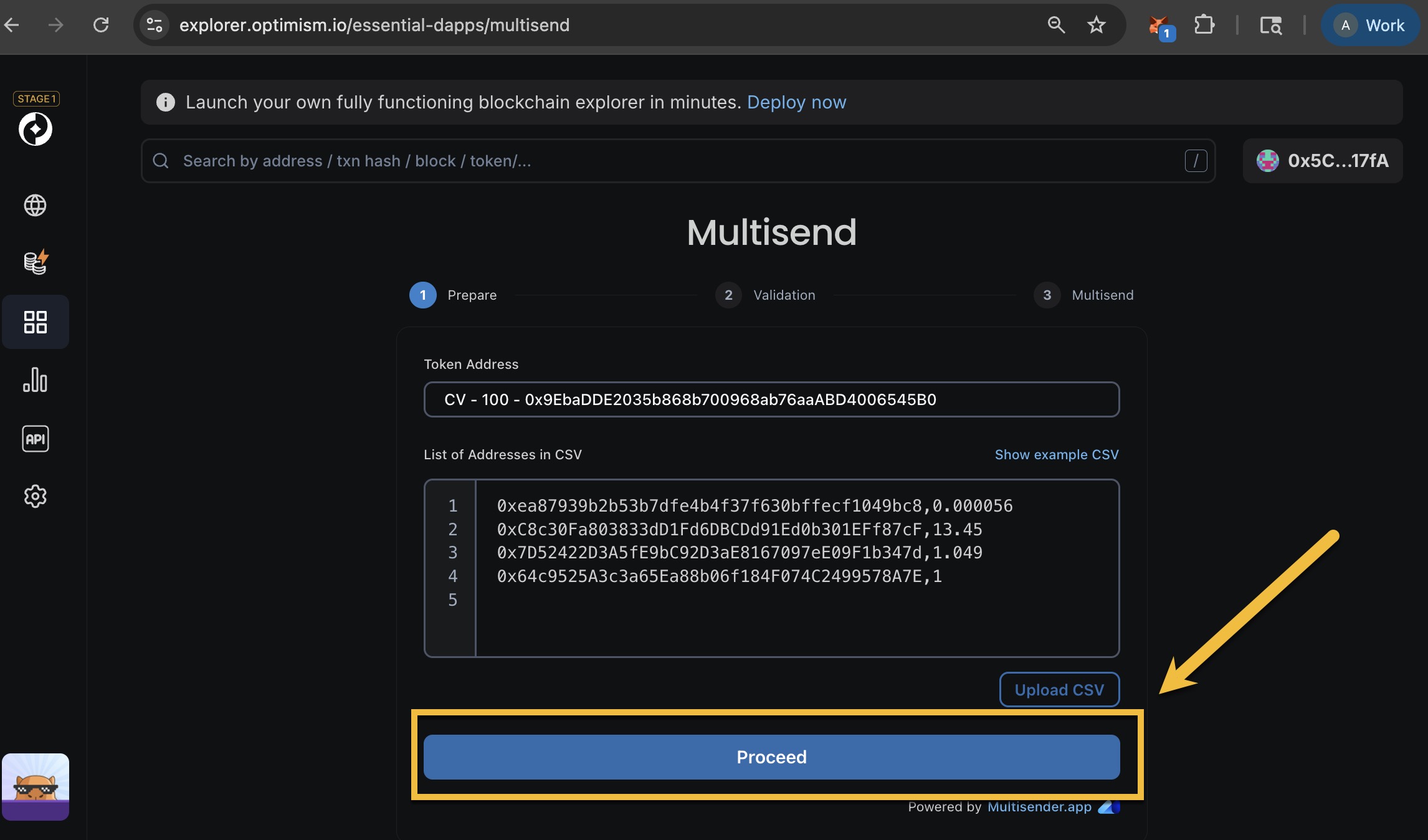 Multisend dApp with recipient CSV populated and arrow pointing to Proceed button to validate batch token transfer