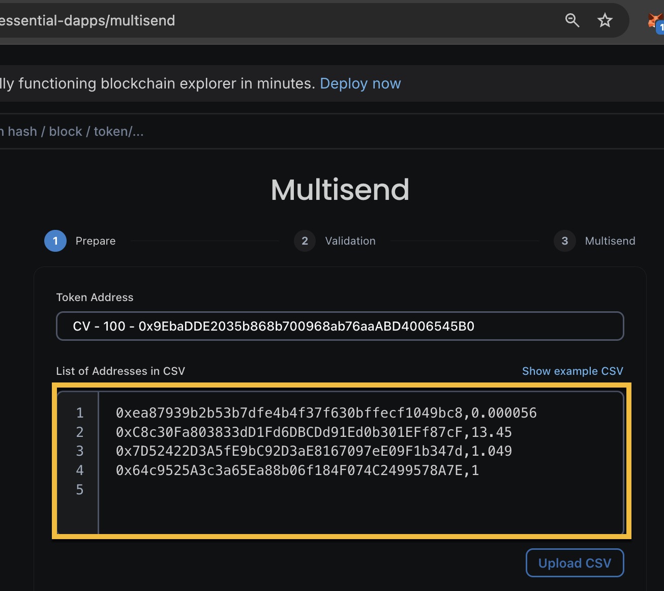 Multisend dApp with CSV recipient list populated showing wallet addresses and token amounts for batch CV token distribution