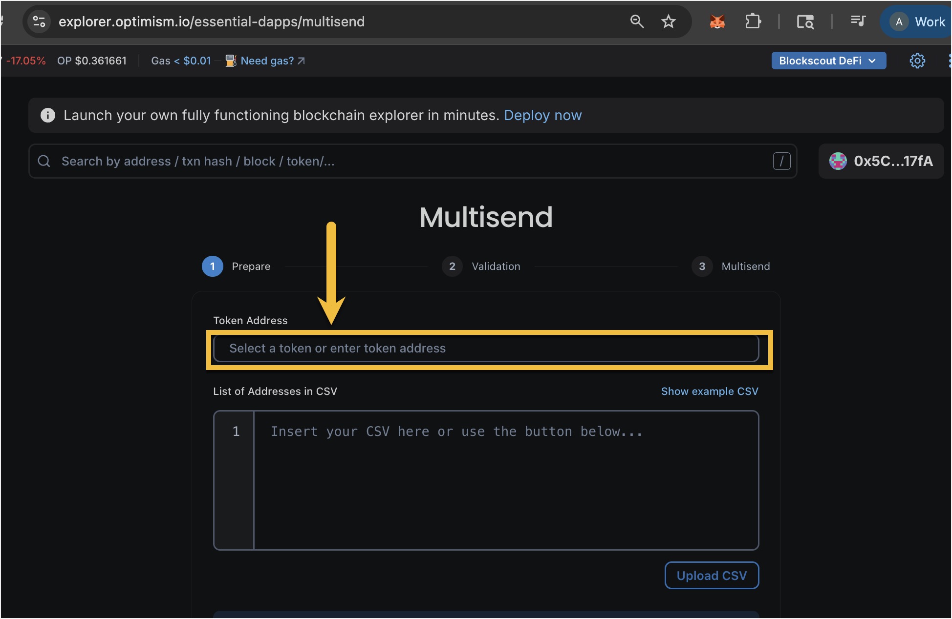 Multisend dApp tutorial step 1: select token address to send tokens to multiple wallet addresses via CSV upload
