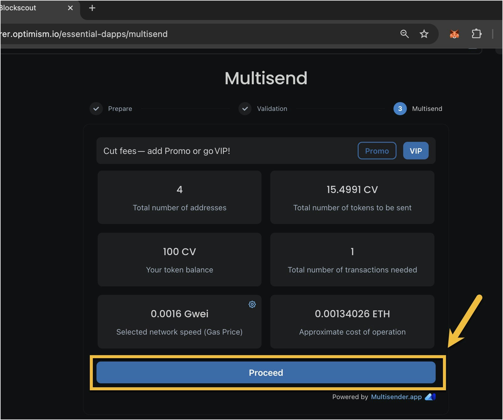 Multisend final step showing transaction summary: 15.4991 CV tokens to 4 recipients with gas cost 0.00134026 ETH and arrow pointing to Proceed button
