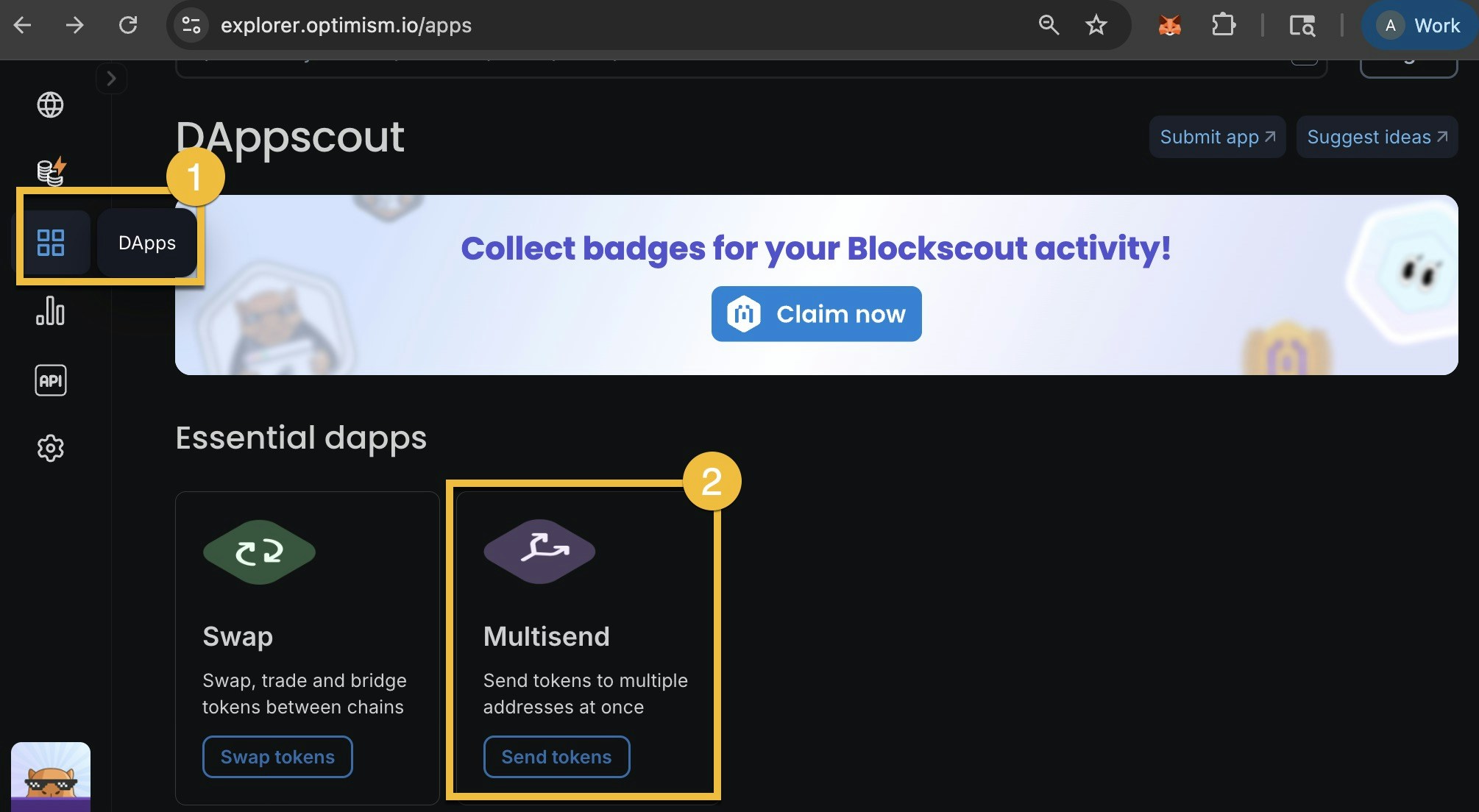 DAppscout tutorial showing how to access Multisend dApp: step 1 click DApps menu, step 2 select Multisend to send tokens to multiple addresses