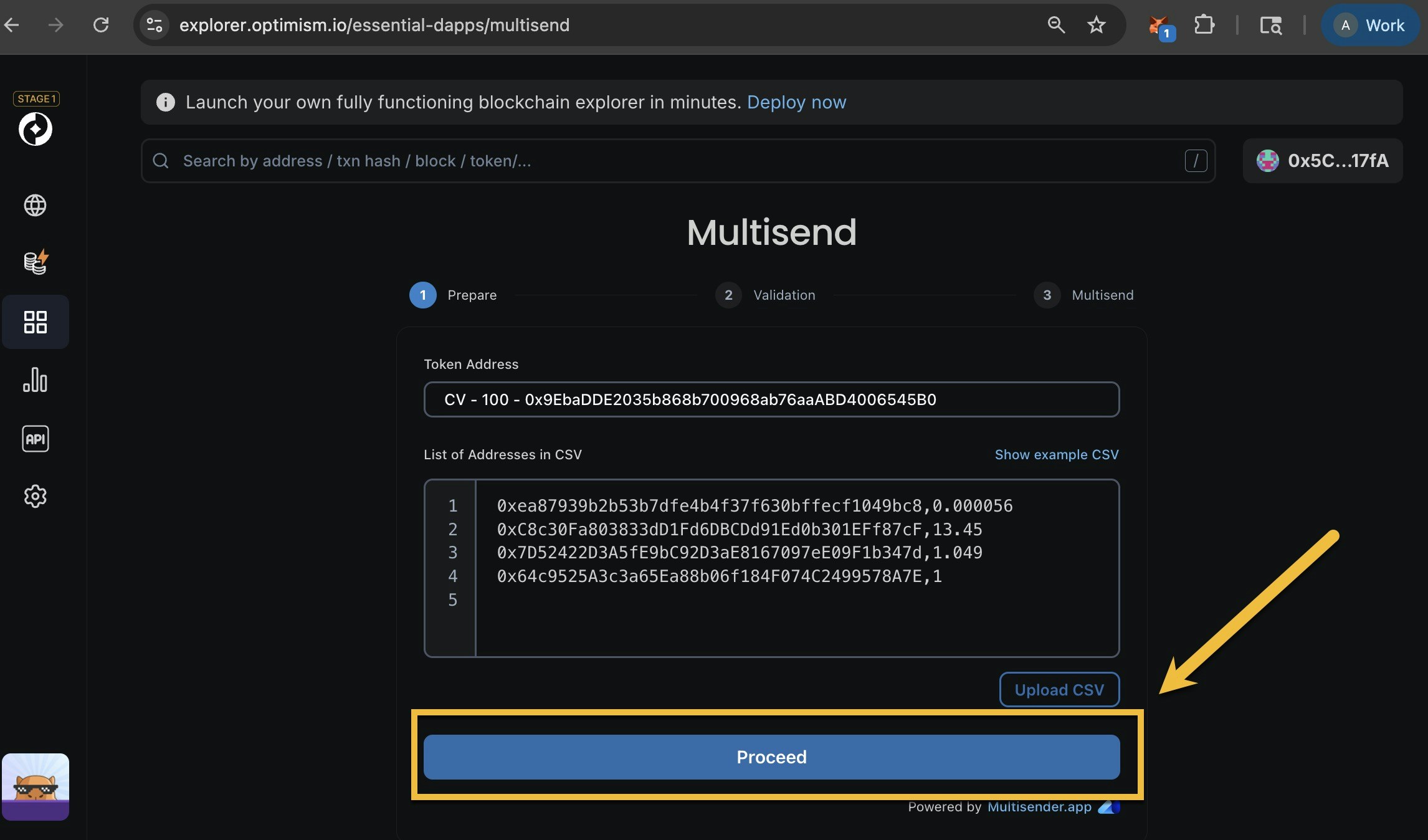 Multisend dApp with recipient CSV populated and arrow pointing to Proceed button to validate batch token transfer
