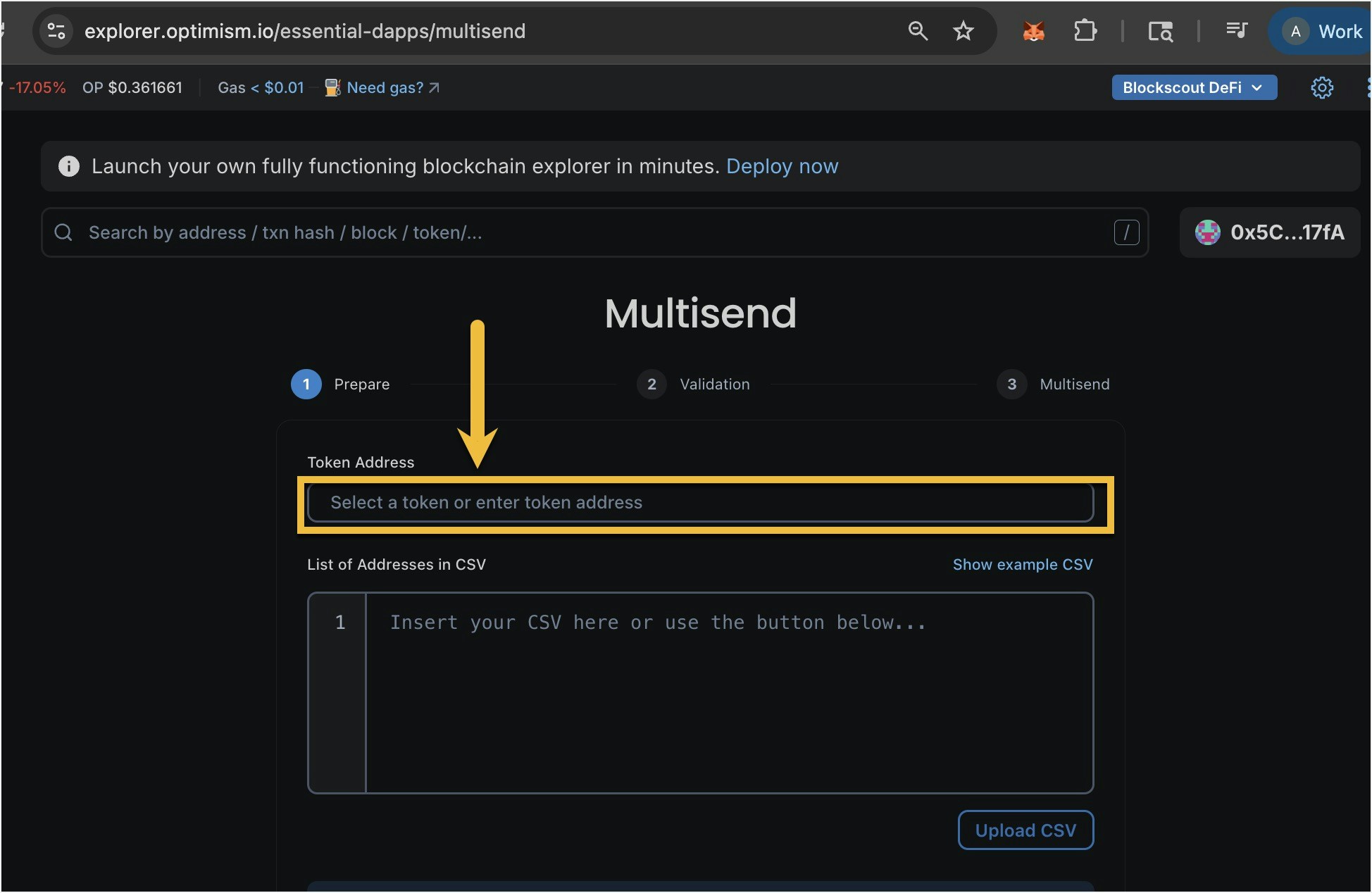 Multisend dApp tutorial step 1: select token address to send tokens to multiple wallet addresses via CSV upload