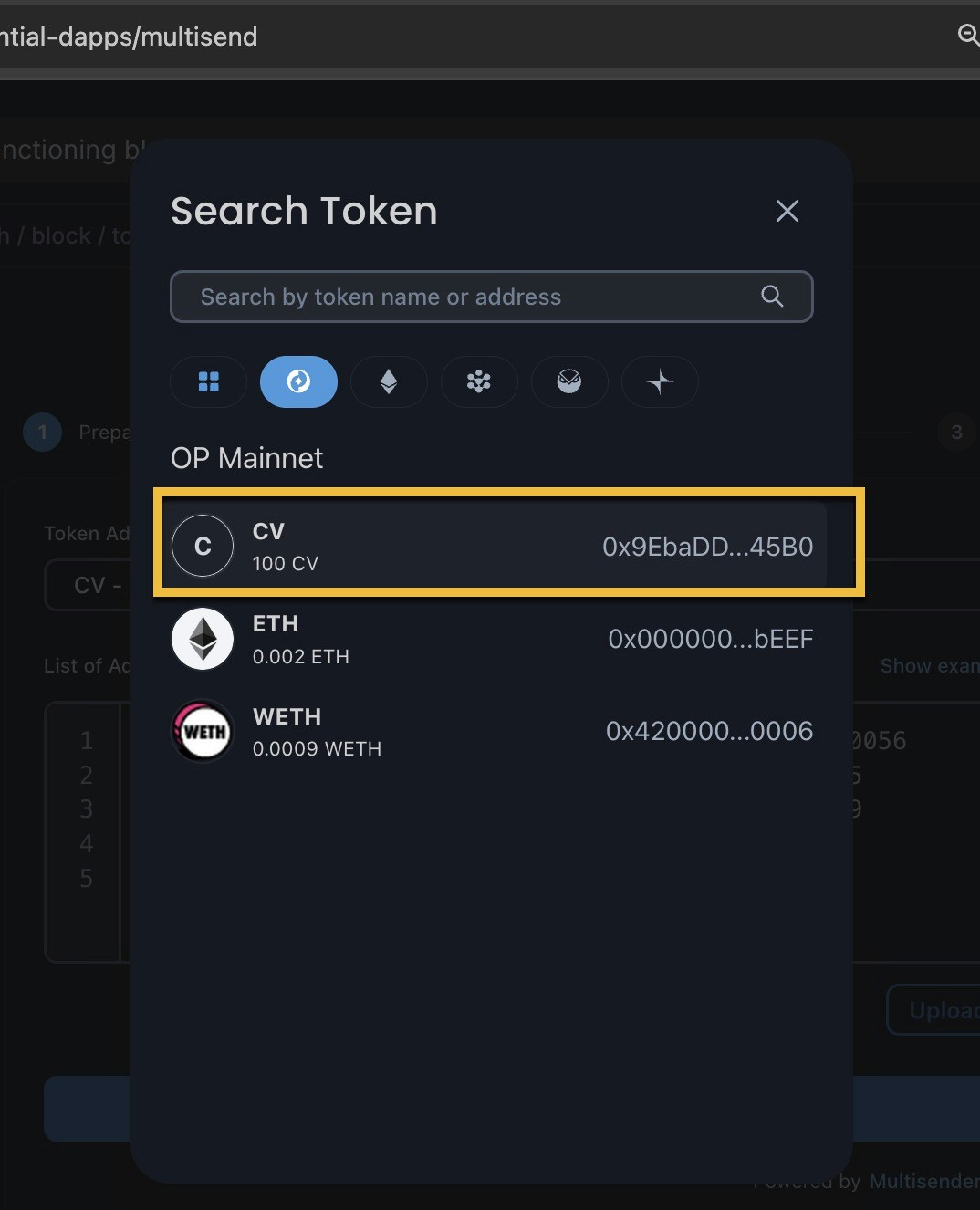 Token search modal in Multisend dApp showing CV token selection on Optimism network for bulk token transfers