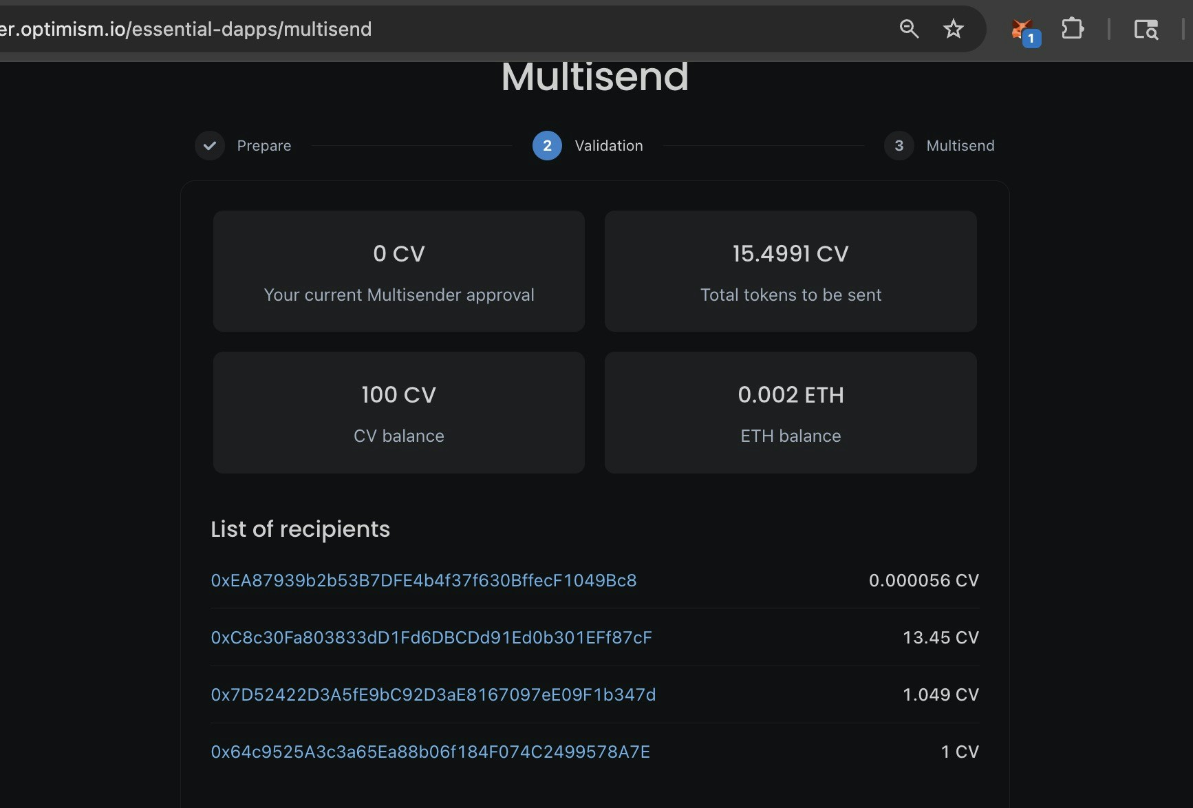 Multisend validation screen showing transaction summary: 15.4991 CV tokens to be sent to 4 recipients with wallet balances displayed